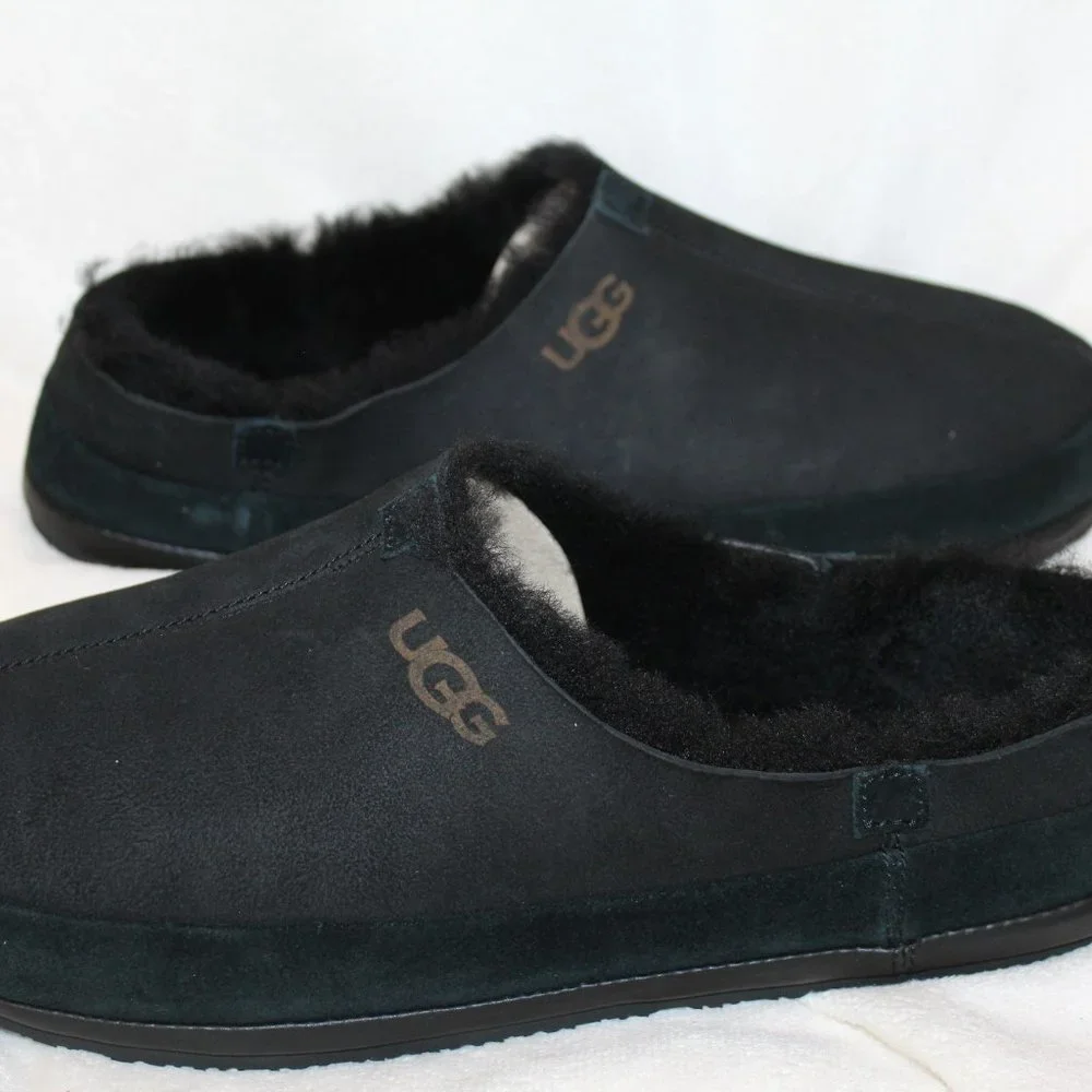 NIB UGG MEN'S PARKDALE SLIP ON SUEDE‎ SHEARLING LINED CLOG SLIPPERS BLACK